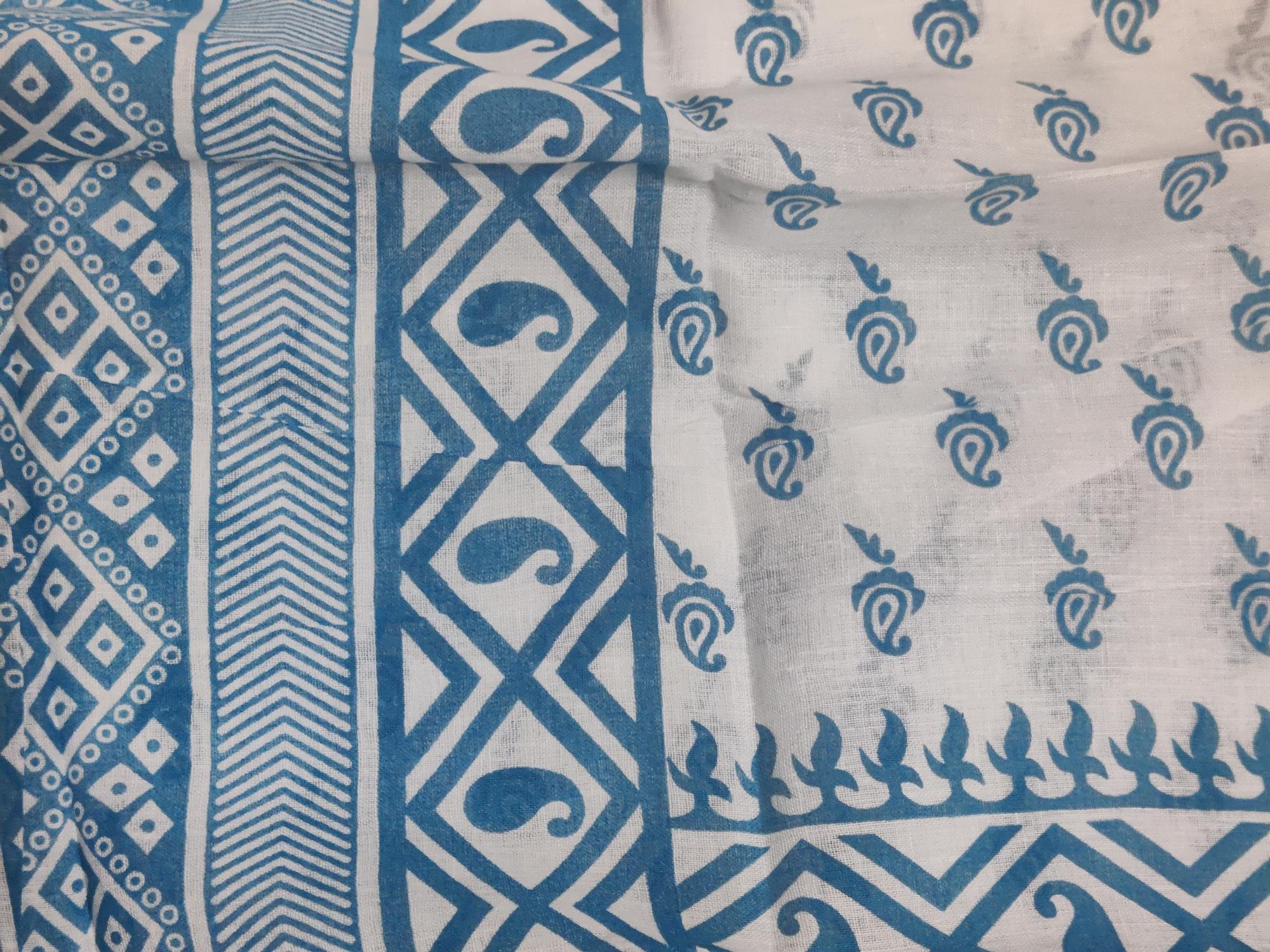 HerClozet Cotton Mulmul Weaved Saree-5.8 Mtr(White;Blue)
