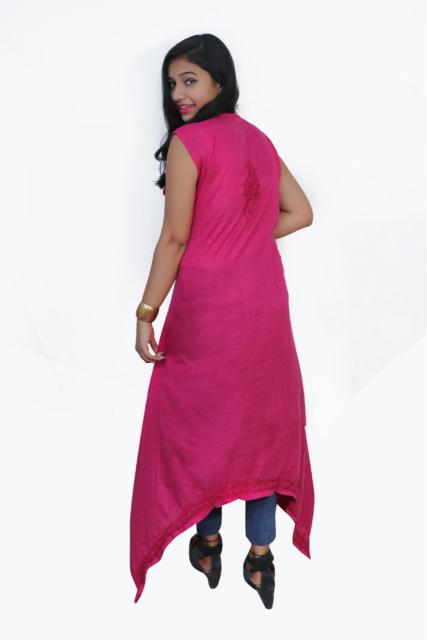 HerClozet Dark Pink Cotton Chikankari Hand Embroidery Long Kurta, Size -L