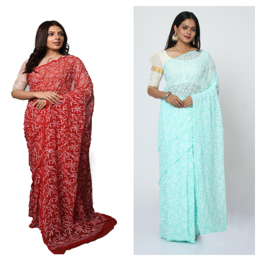 Combo of HerClozet Georgette Tepchi Saree-6.5 Mtr(Red & Sea Green)