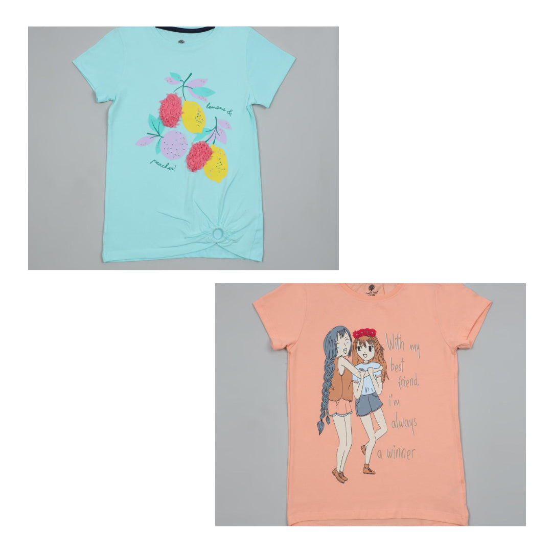 Combo of Girl's Cotton T-Shirt- Peach & Blue