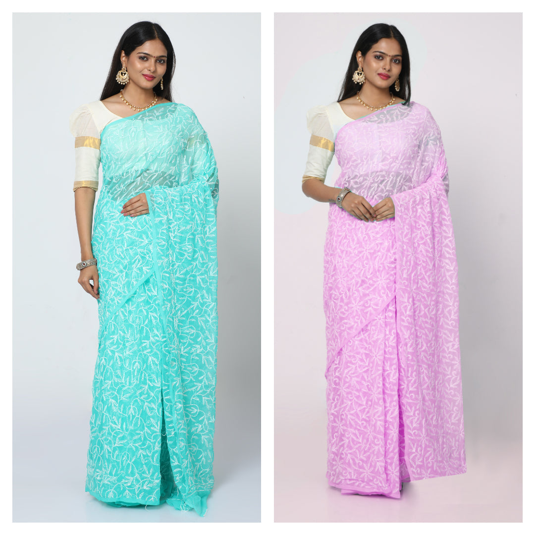 Combo of HerClozet Georgette Tepchi Saree-6.5 Mtr(Turquoise & Rose pink)