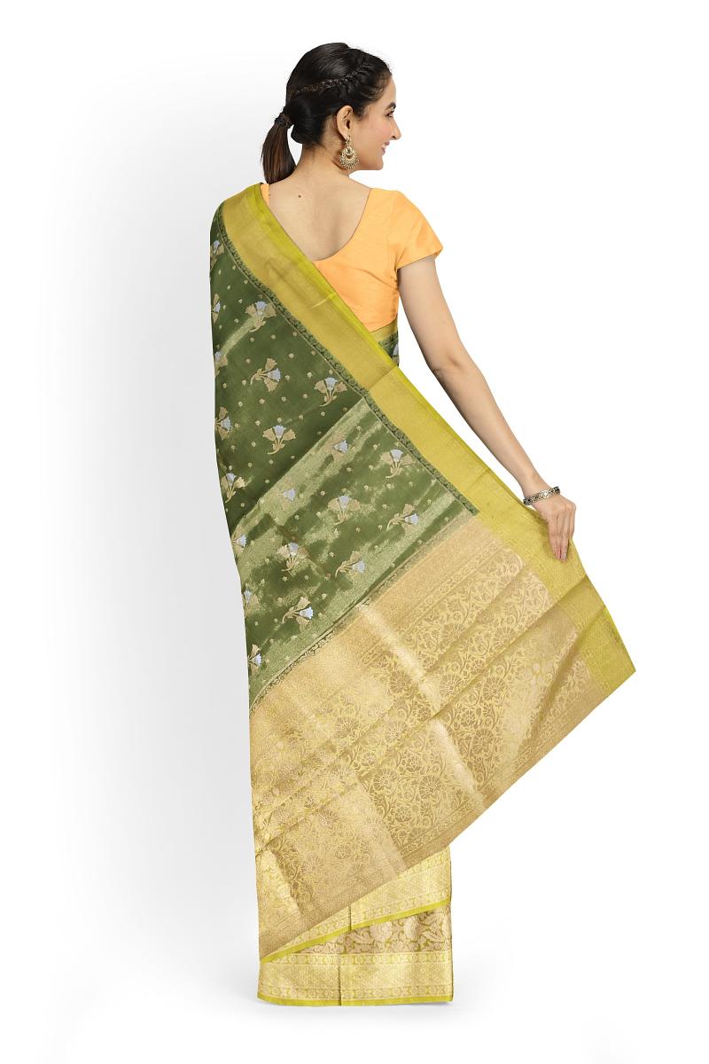 HerClozet Raga Tissue soft Banarasi silk saree (Green ;Lemon Yellow)