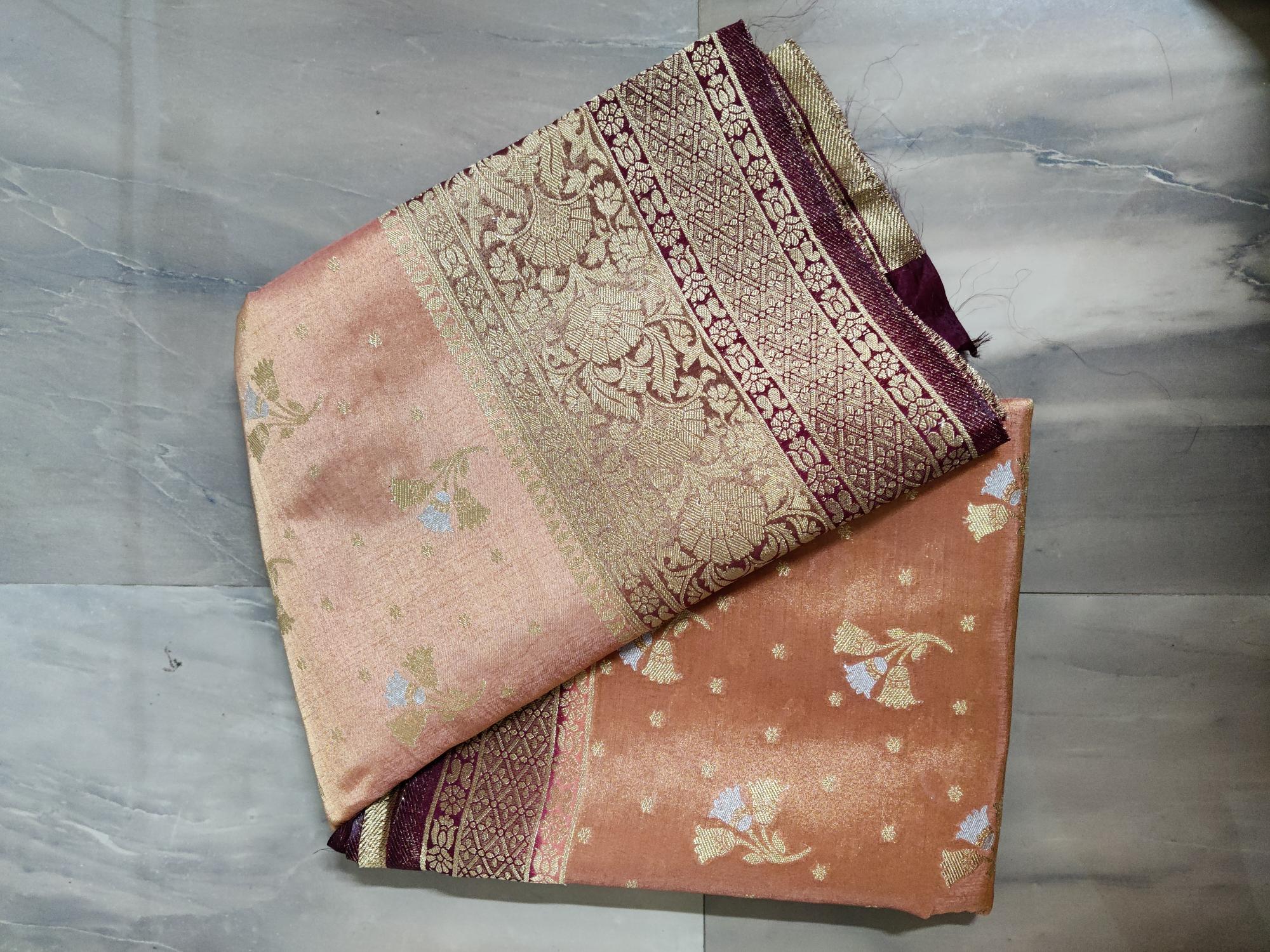 HerClozet Raga Tissue soft Banarasi silk saree (Peach;Maroon)